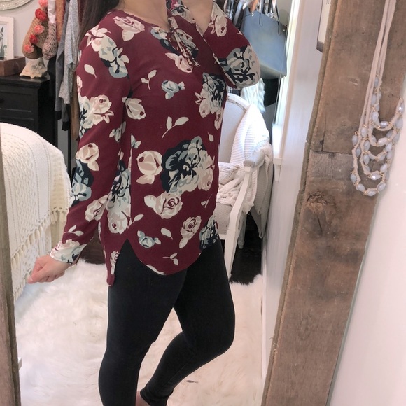 Mud pie small burgundy floral tunic laceup top - Picture 2 of 5